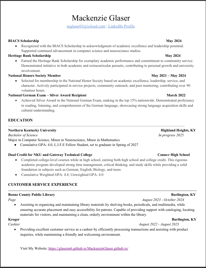 Resume of Mackenzie Glaser
